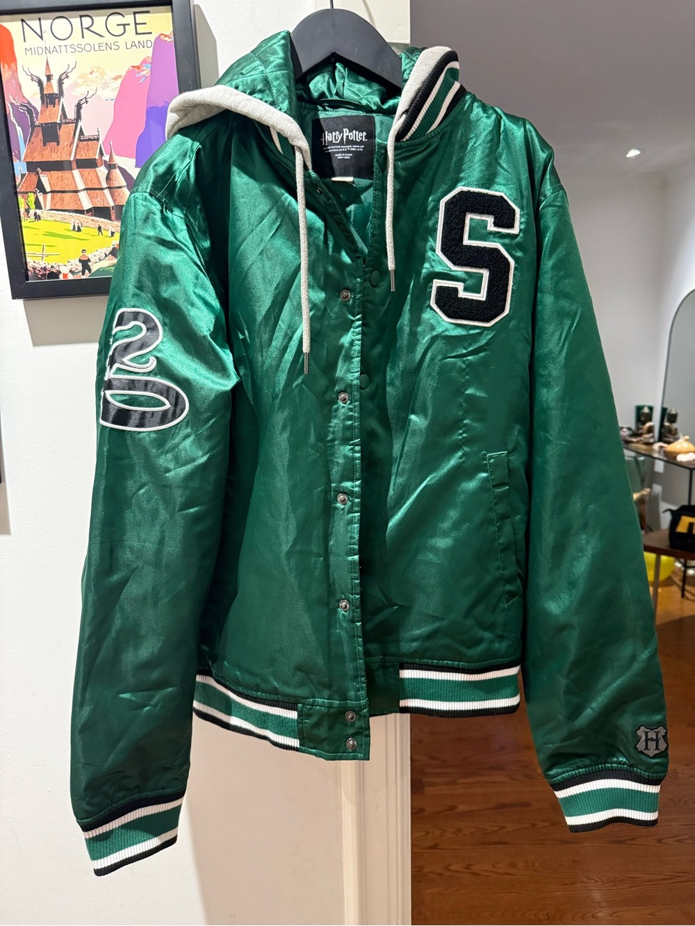 Official Harry Potter Slytherin Hooded Satin Varsity Jacket - sz M
